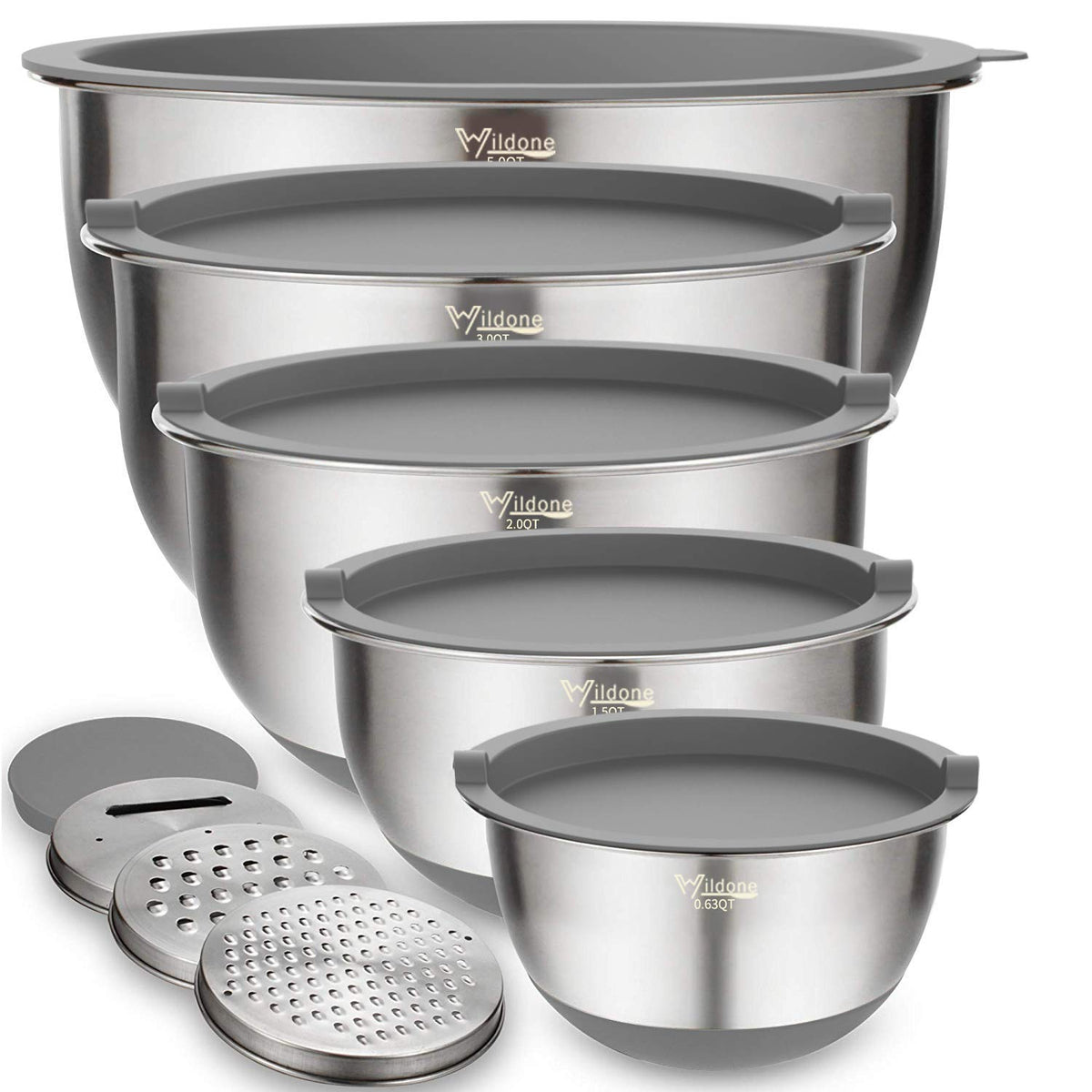 Wildone 5-piece mixing bowls set with airtight lids for versatile prep.