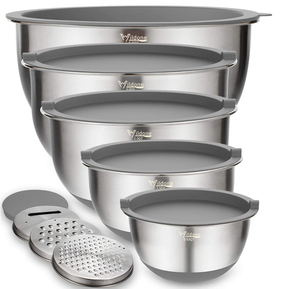 Wildone 5-piece mixing bowls set with airtight lids for versatile prep.