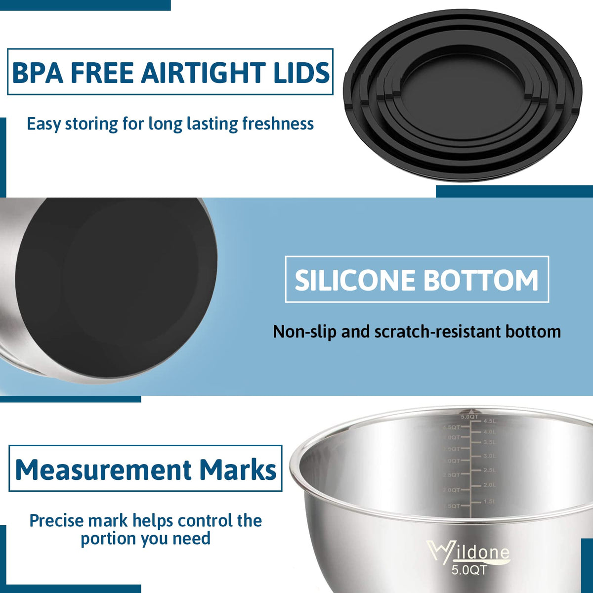 Wildone 3qt bowl shown stacked, highlighting nesting design for space saving.