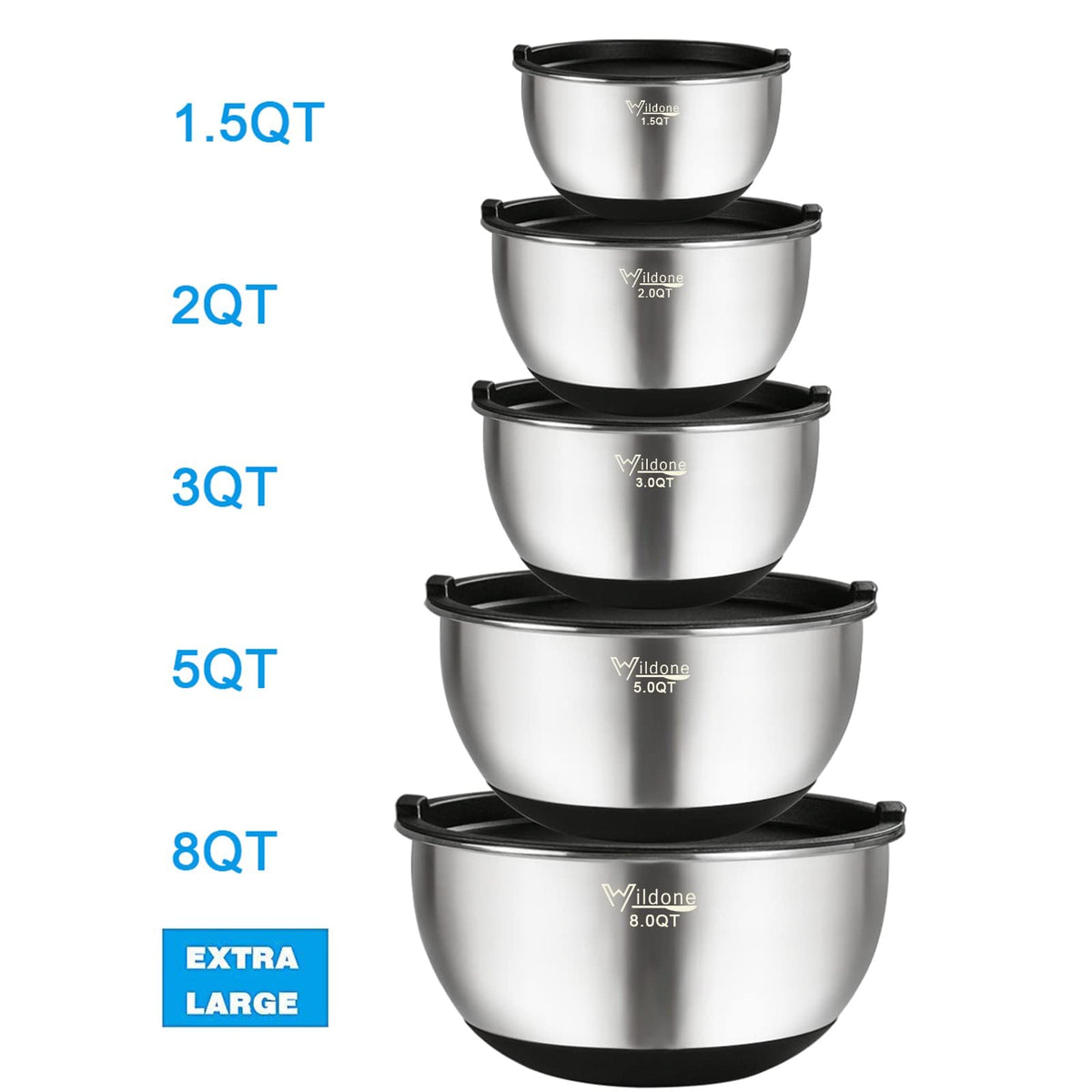 Wildone 5qt bowl with airtight lid for marinating and fridge storage.