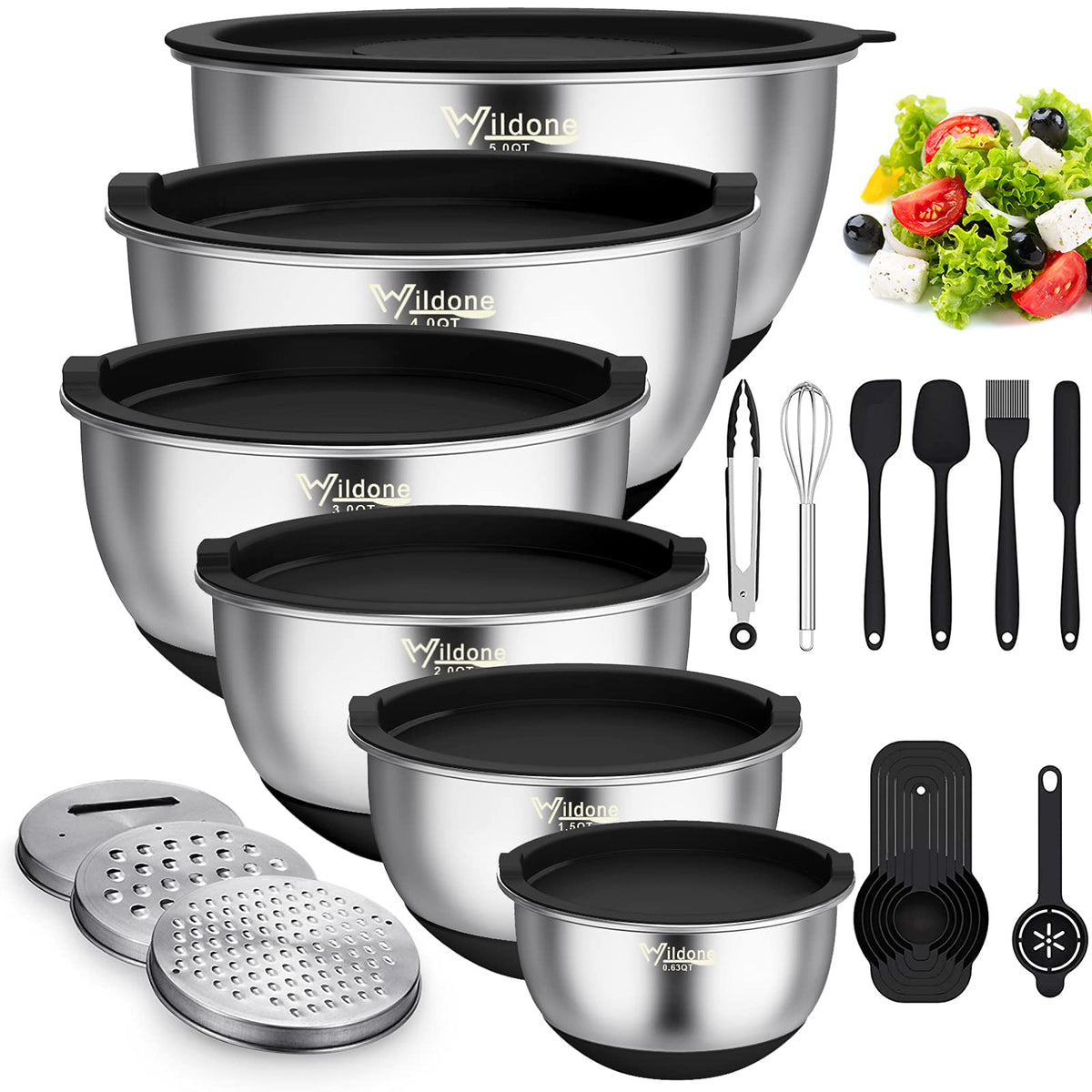 Wildone mixing bowls with airtight lids for freshness and easy storage.