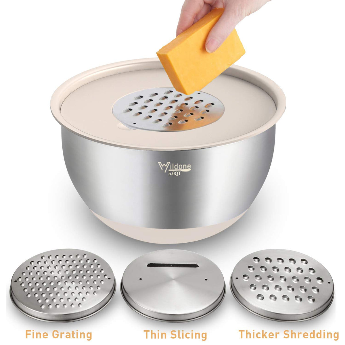 Wildone three-piece grater attachments streamline prep right over the bowl.