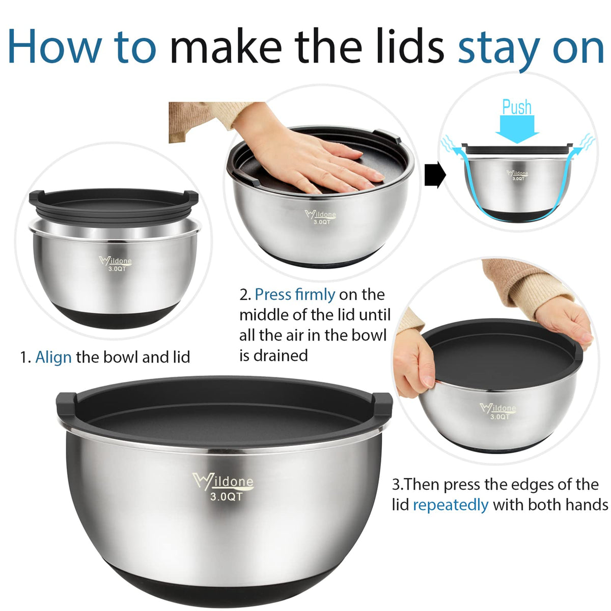 Wildone dishwasher-safe bowls nest neatly to save cabinet space.