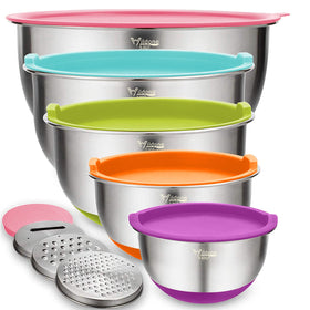 Wildone mixing bowls set with colorful lids, sturdy stainless steel for versatile kitchen prep.