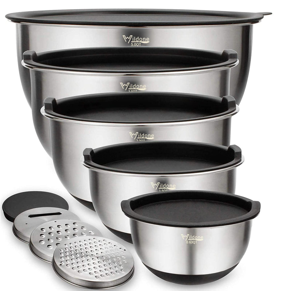 Wildone mixing bowls with airtight lids for secure storage and prep.