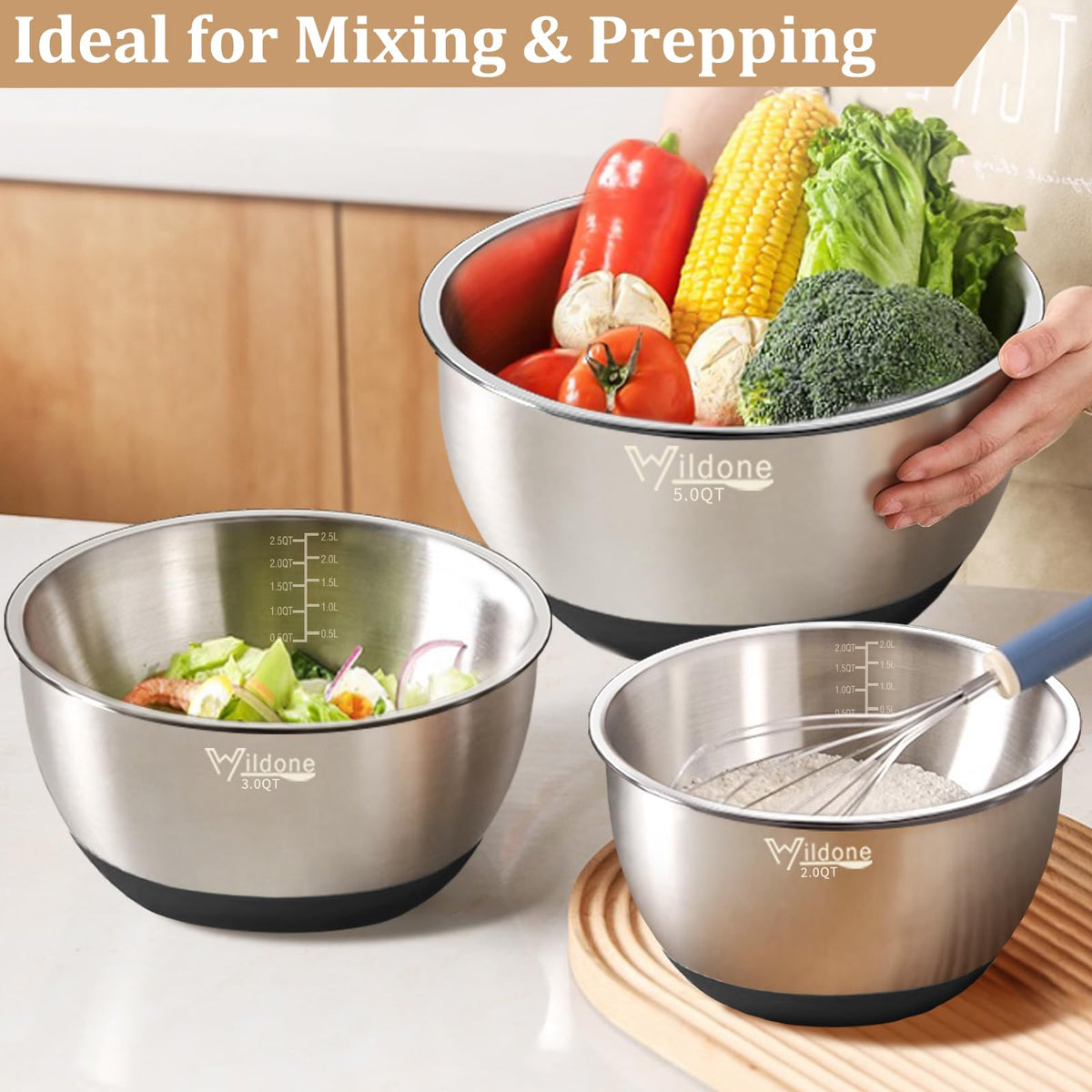 Non-slip silicone bottom keeps Wildone bowls steady during mixing
