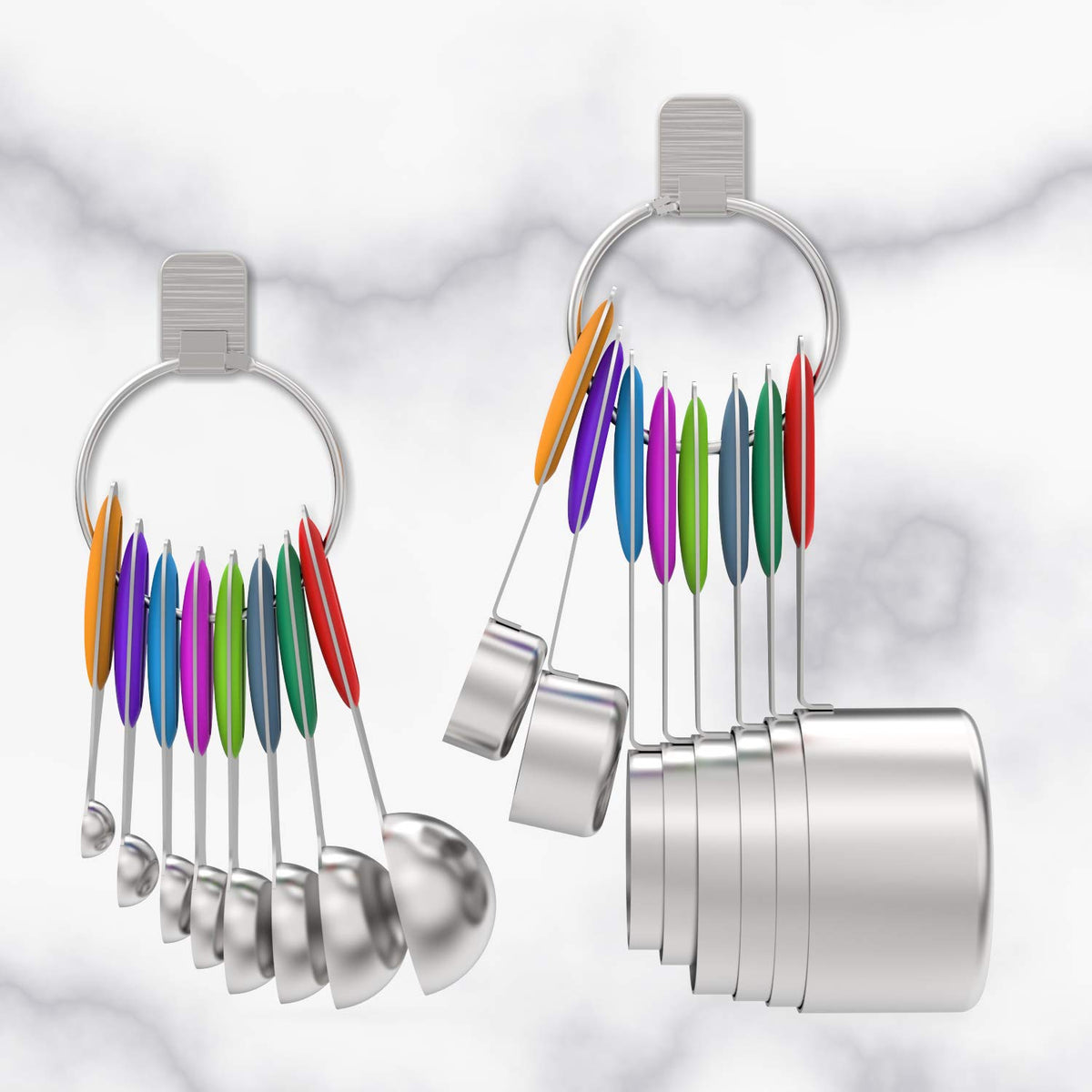 Wildone ring keeps cups and spoons together for easy drawer storage or wall hanging.