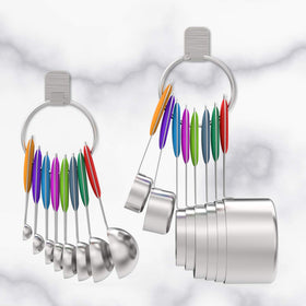Wildone ring keeps cups and spoons together for easy drawer storage or wall hanging.