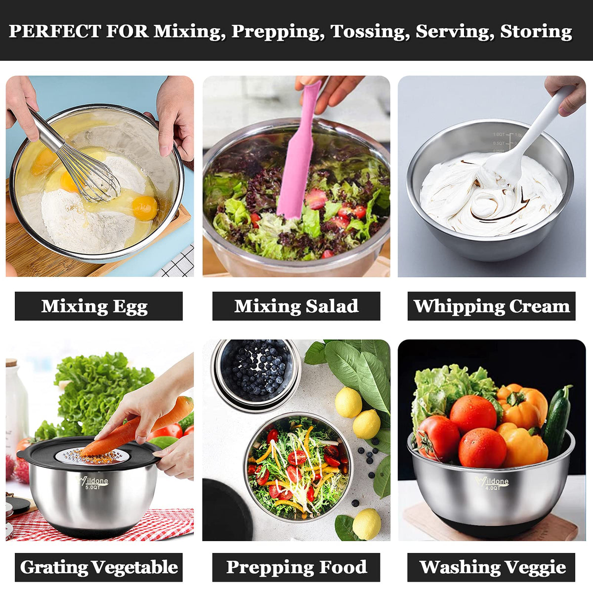 Wildone bowls with non-slip silicone bottoms stay steady while mixing.
