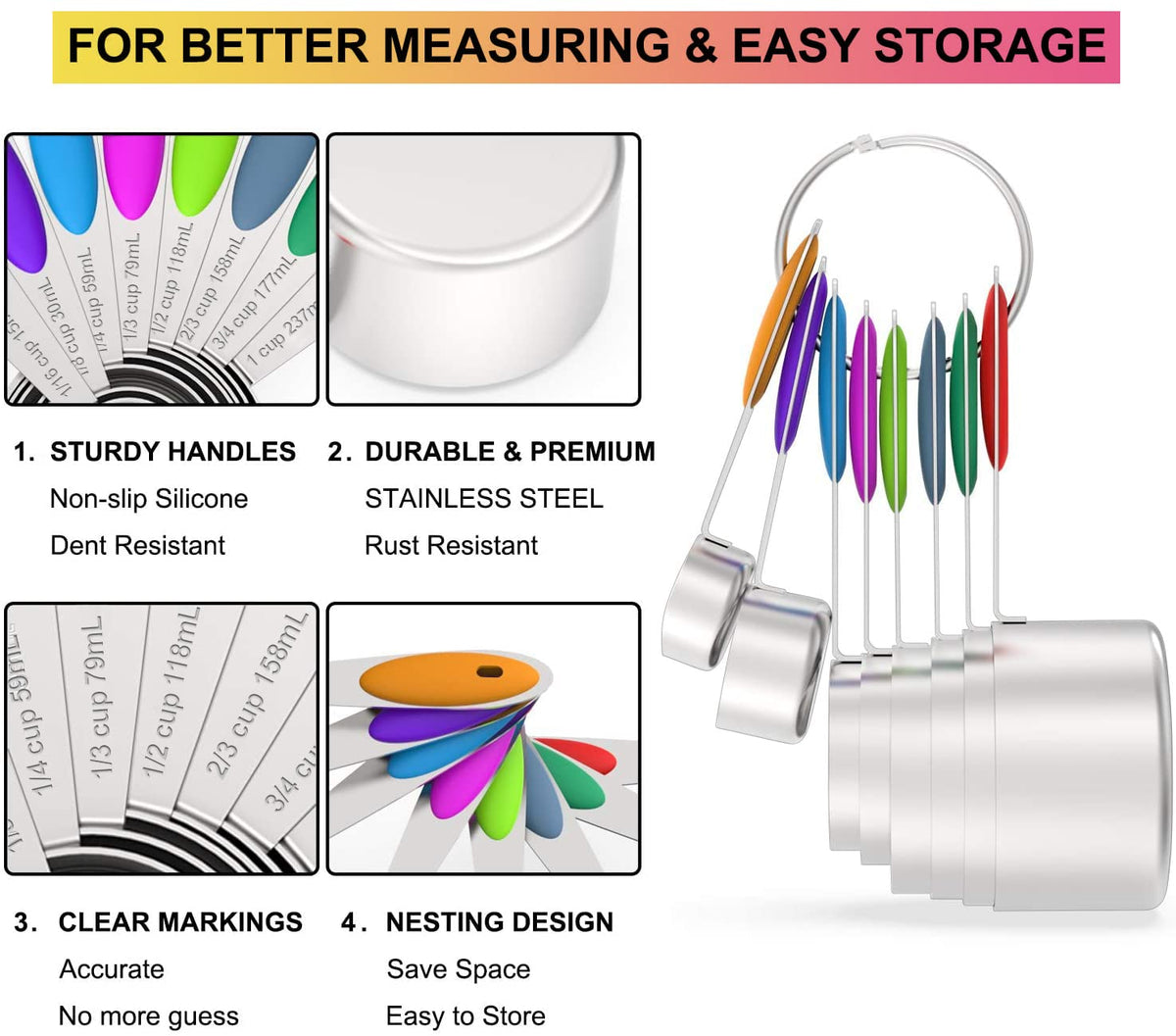 Wildone stainless steel measuring cups detail showing durable construction.