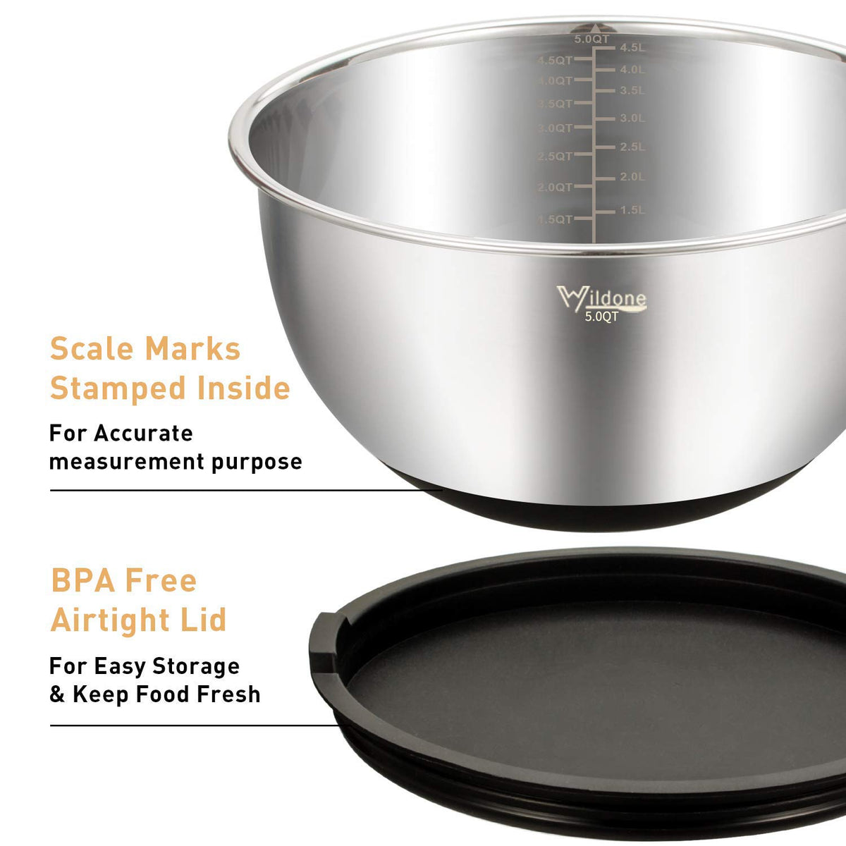 Wildone stainless steel nesting bowls save cabinet space and stack neatly.