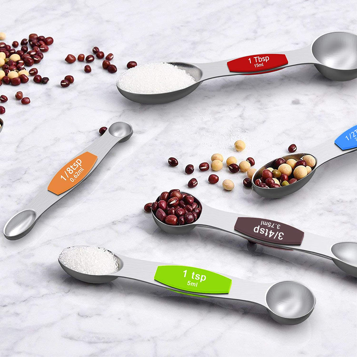 Wildone stainless steel spoons with a ring for hanging or drawer organization.