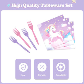 WILDPARTY unicorn tableware setup shows 24 plates and napkins together
