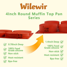 Wilewir 4inch round silicone muffin top pan bakes six muffins at once.