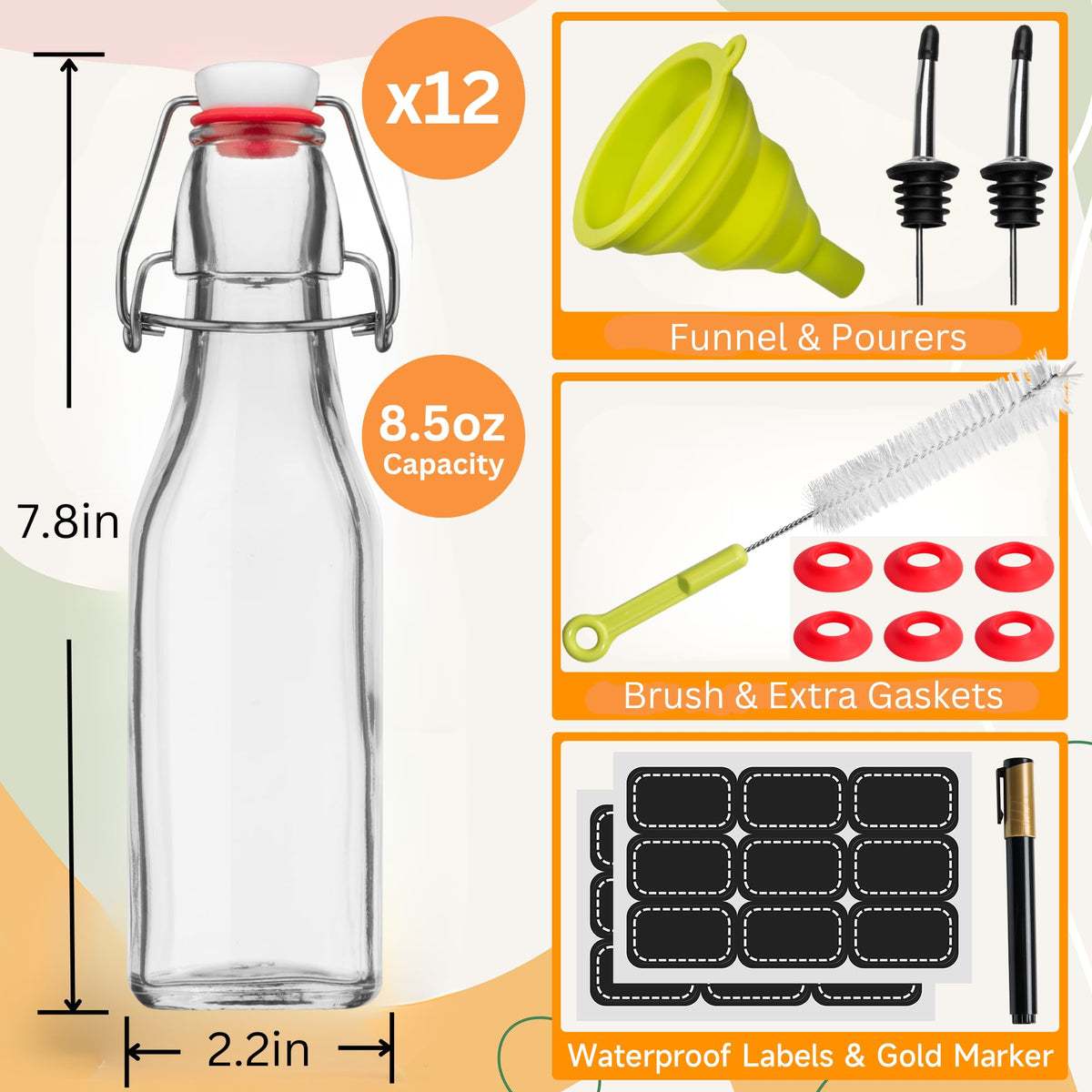 WILLDAN glass bottle with airtight swing-top cap and silicone gasket.