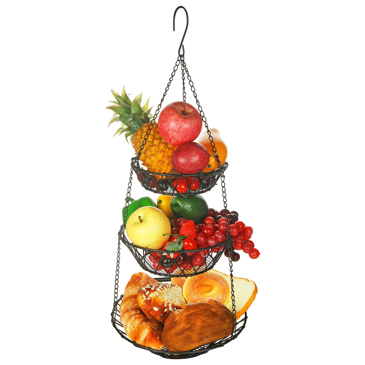 Willizter 3-tier hanging basket with top hook for organized fruit.