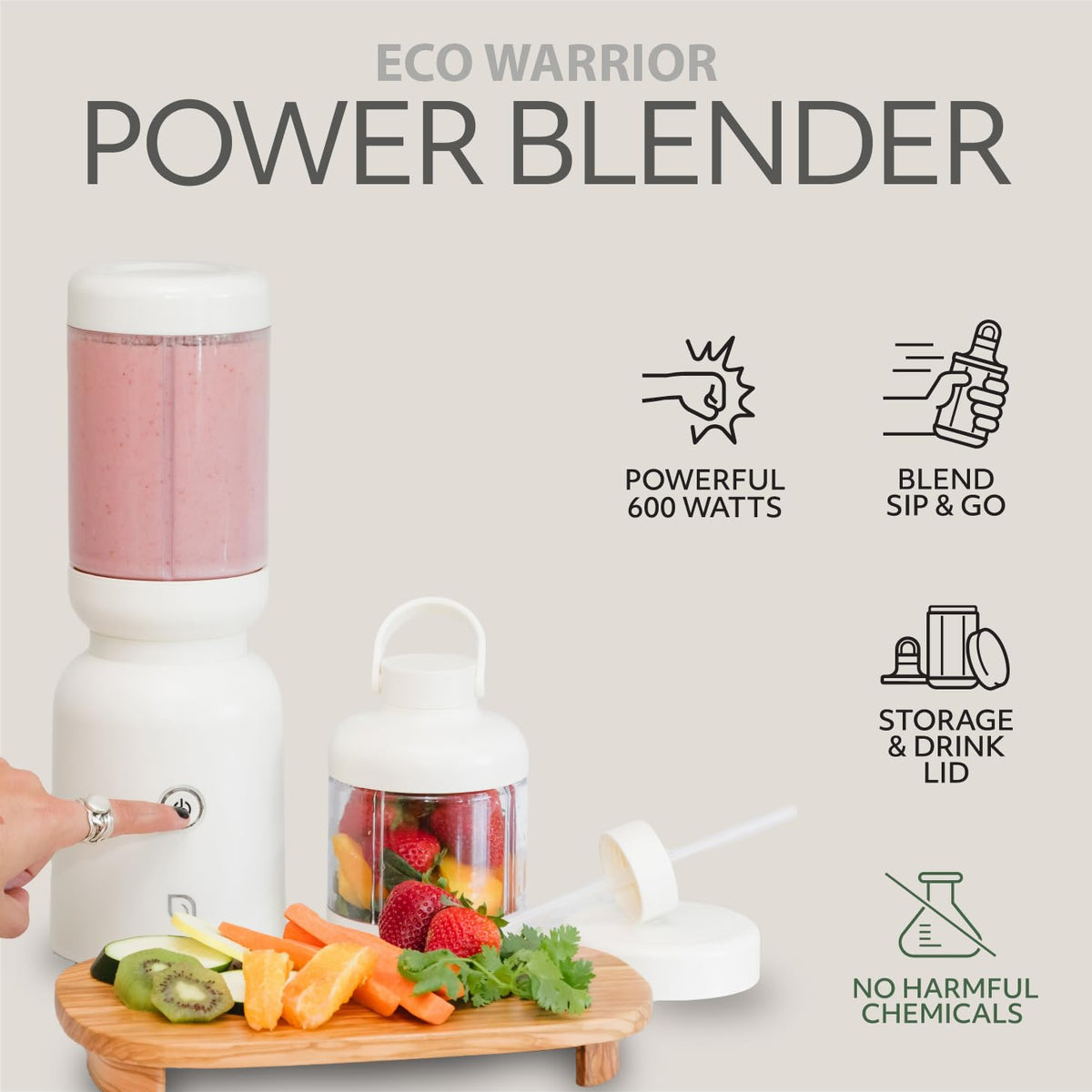 Willow Warrior blend-and-go cup with lid enables on-the-go smoothies.