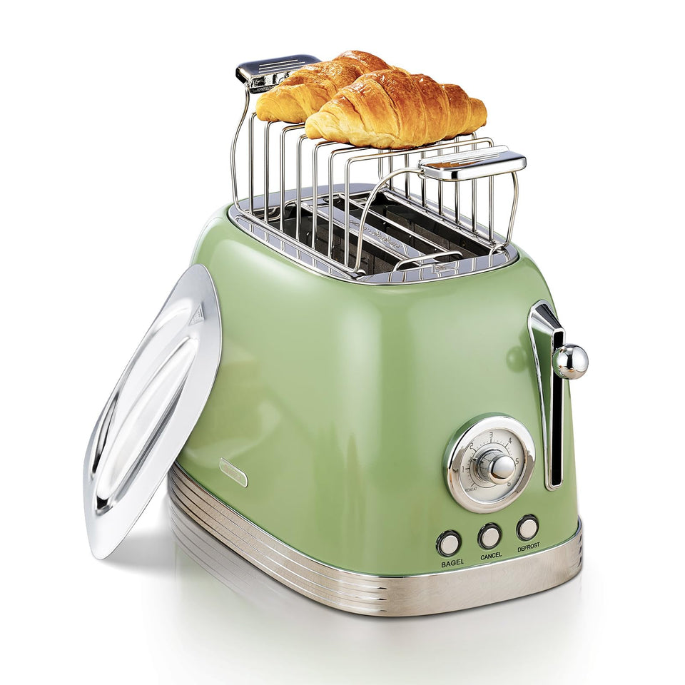 Wiltal Green Retro Toaster with wide slots ideal for bagels and thick slices
