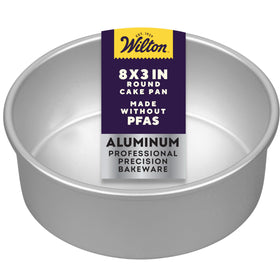 Wilton 8x3 aluminum round cake pan with tall sides for even baking and clean layers.