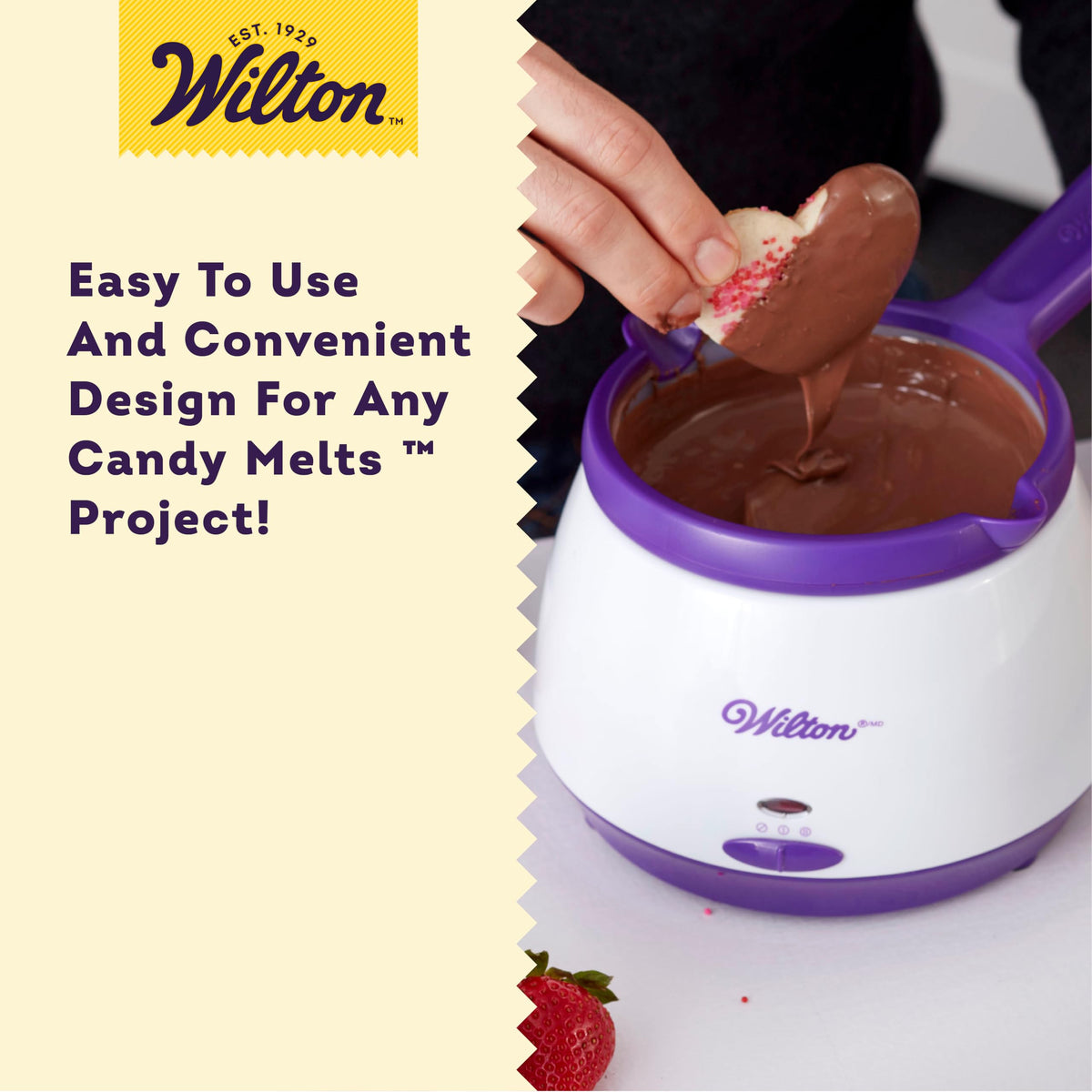 Wilton candy melts pot delivering glossy coating for strawberries and treats.