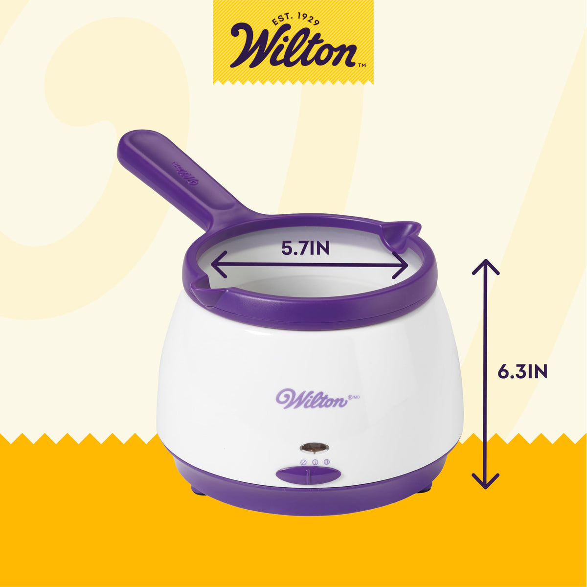 Wilton candy melts pot with dishwasher safe silicone insert for quick cleanup.