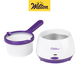 Wilton candy melts pot shown with dual-spout pour for controlled pouring.