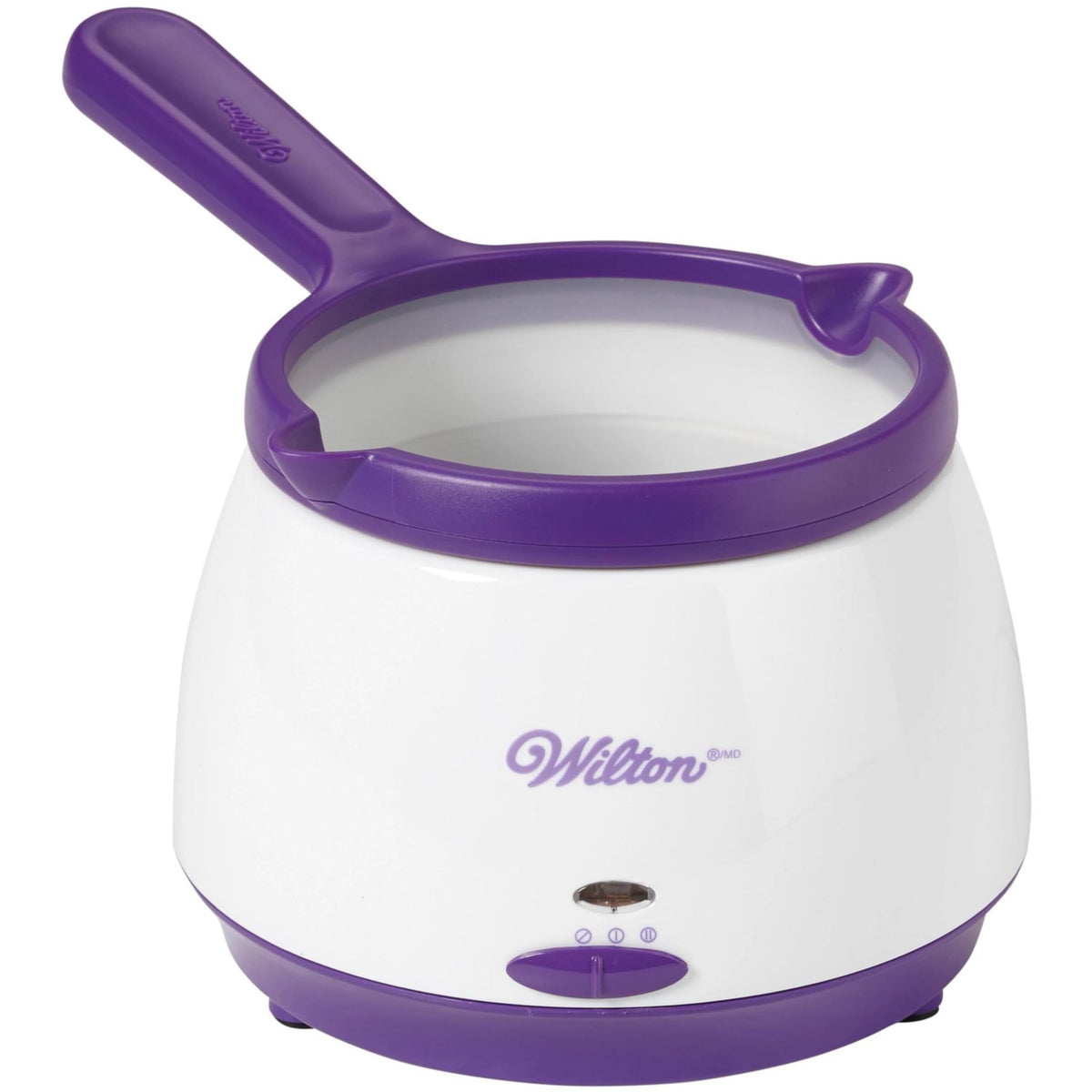 Wilton candy melts pot on the counter ready for dipping strawberries and pretzels.