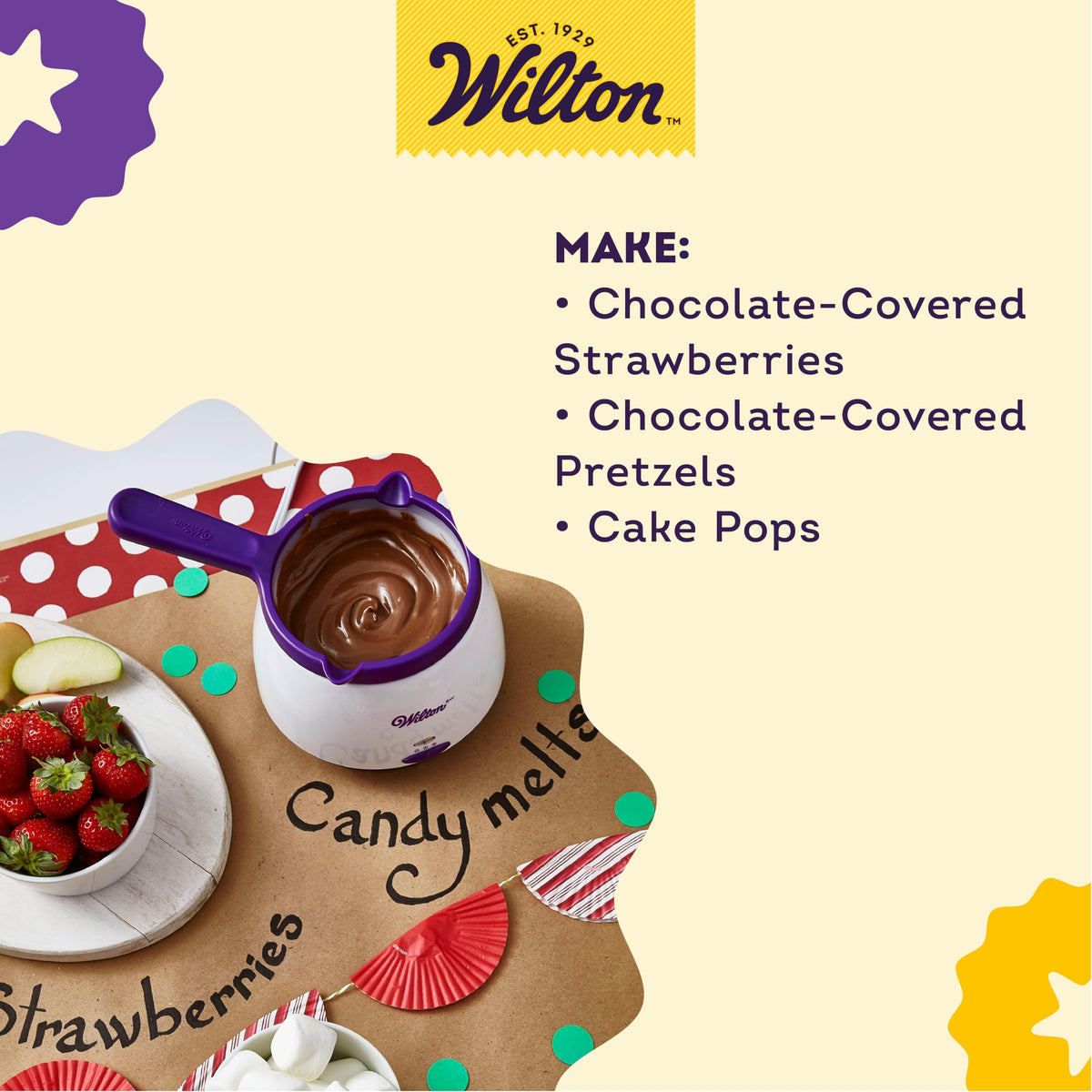 Wilton candy melts pot on table with safety light indicator.