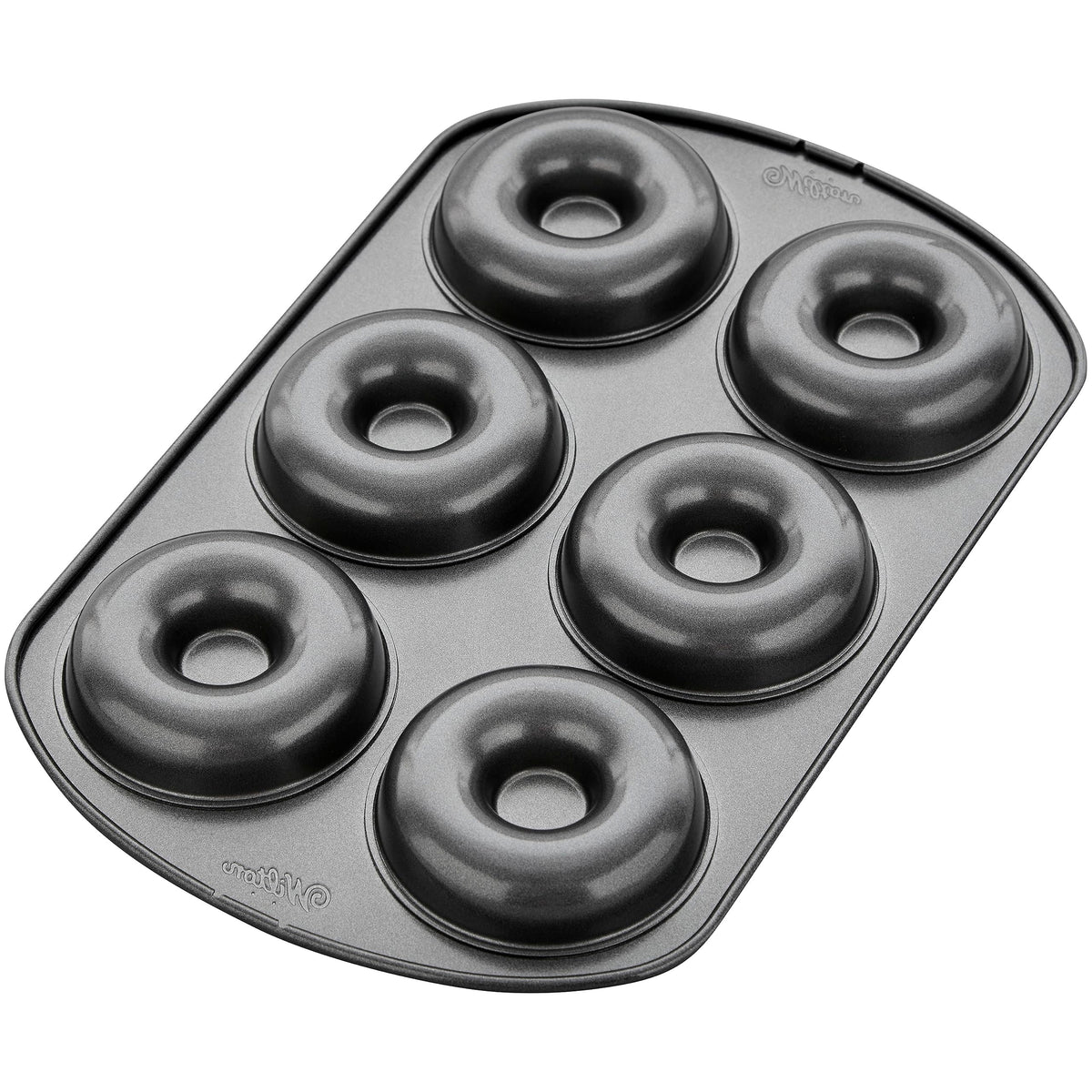 Wilton doughnut pan with nonstick coating for easy release.