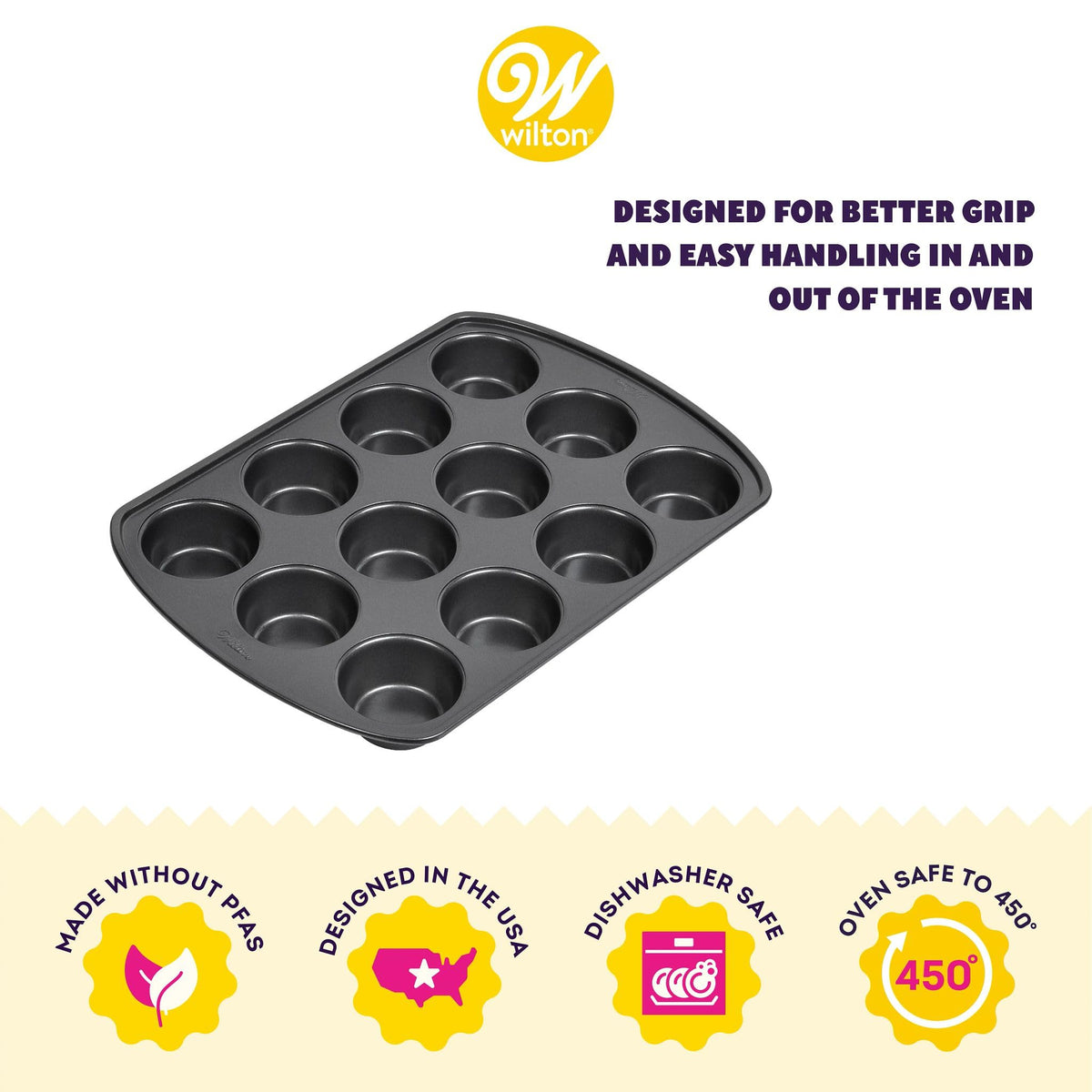 Durable dent-resistant Wilton bakeware stays flat during busy bakes