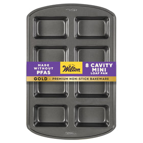 Wilton Gold Mini Loaf Pan with even heat distribution for evenly baked mini loaves.