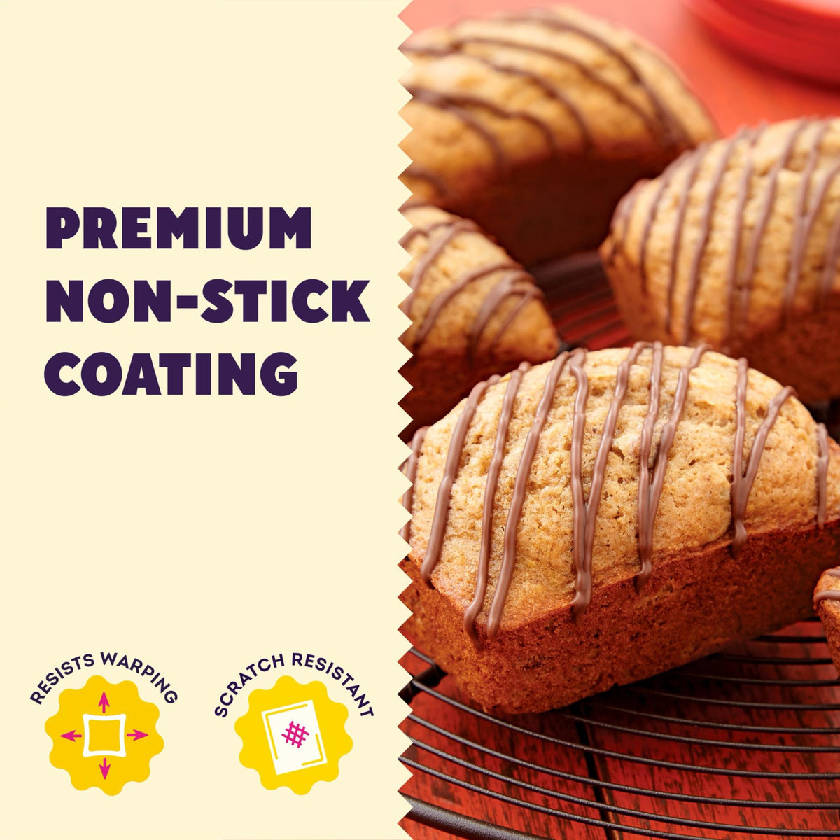 Wilton Gold Mini Loaf Pan features warp-resistant aluminum for a flat baking surface.