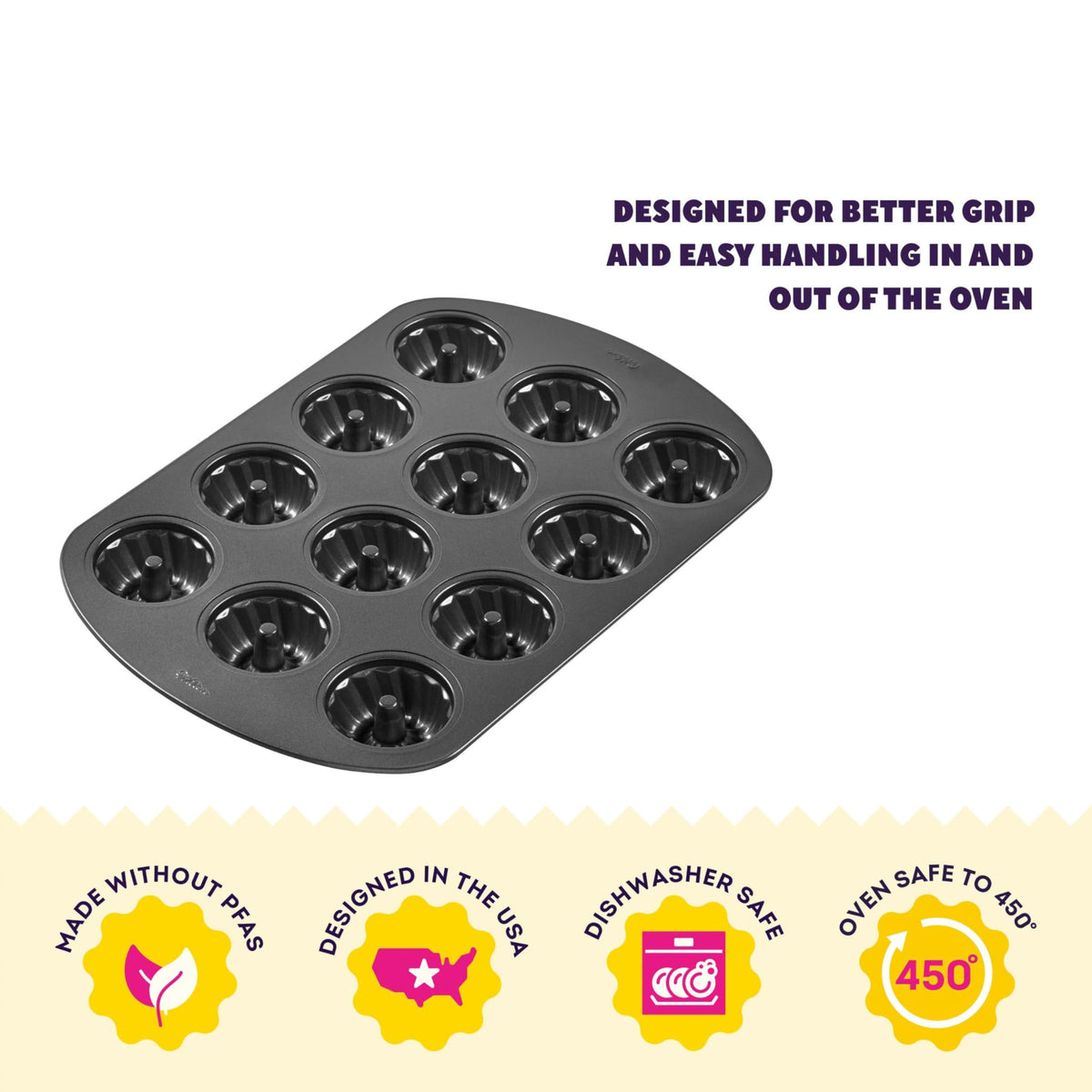 Wilton Gold pan, oven safe to 450°F, side angle for versatility