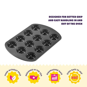 Wilton Gold pan, oven safe to 450°F, side angle for versatility