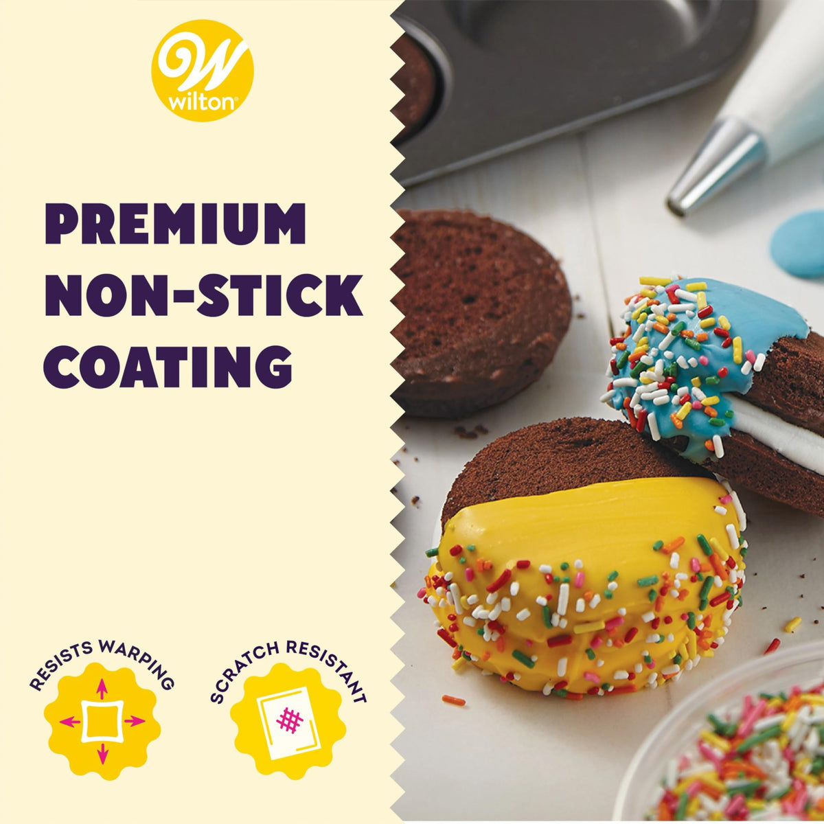 Wilton Gold muffin top pan oven-safe up to 450°F for versatility.