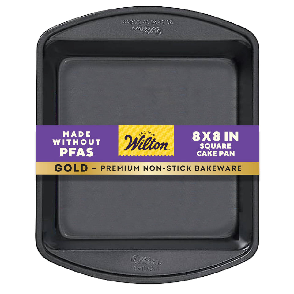 Wilton Gold non-stick 8x8 square pan, even heat for brownies and bars, hero view