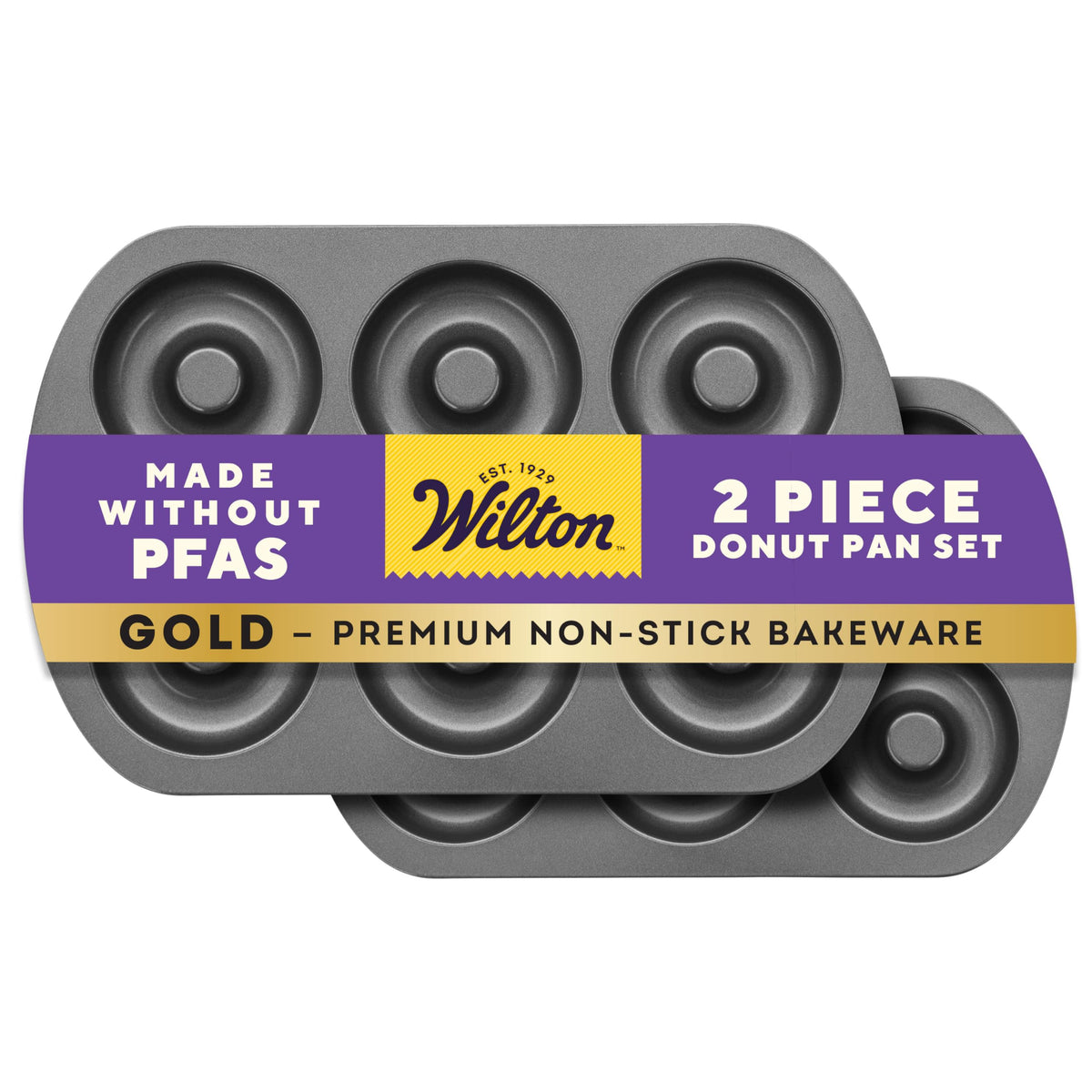 Wilton Gold Non-Stick Donut Pan top view with easy release for donuts.