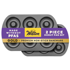 Wilton Gold Non-Stick Donut Pan top view with easy release for donuts.
