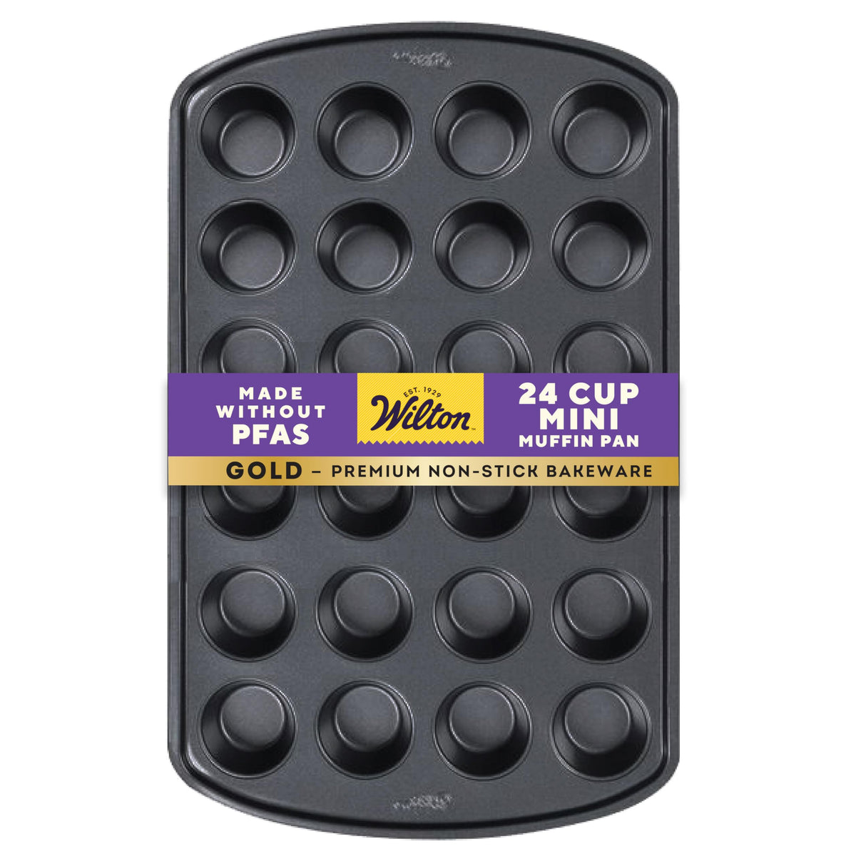 Wilton Gold mini muffin pan full top view with 24 cups for batch baking