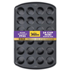 Wilton Gold mini muffin pan full top view with 24 cups for batch baking