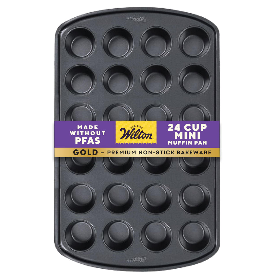 Wilton Gold mini muffin pan full top view with 24 cups for batch baking