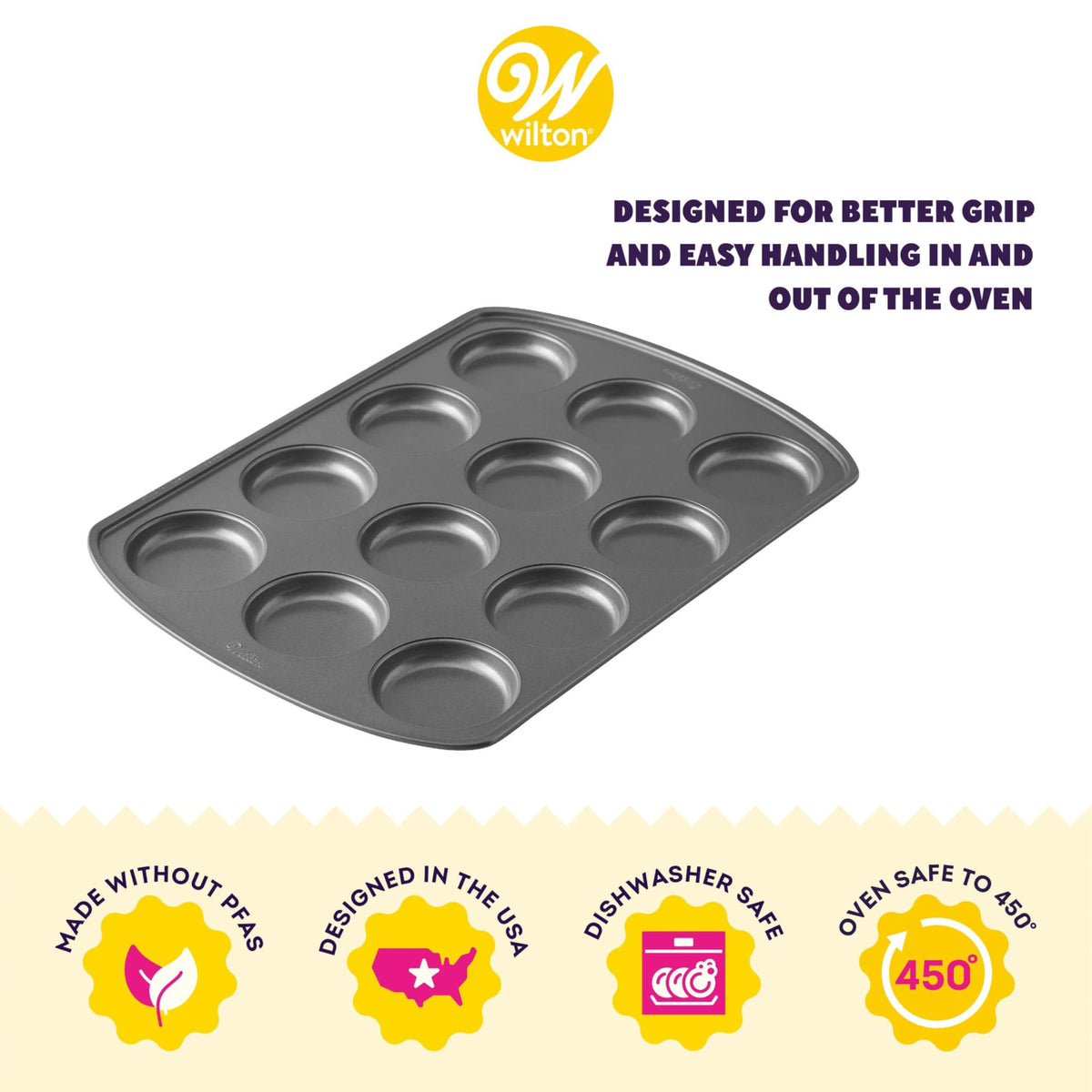 Wilton Gold muffin top pan in action delivering easy food release.