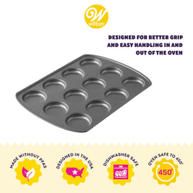 Wilton Gold muffin top pan in action delivering easy food release.
