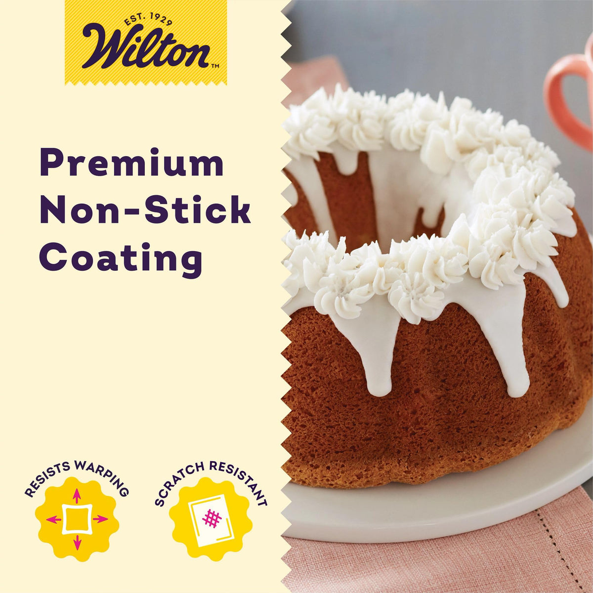 Wilton gold pan non-stick surface enables quick cleanup after decorating