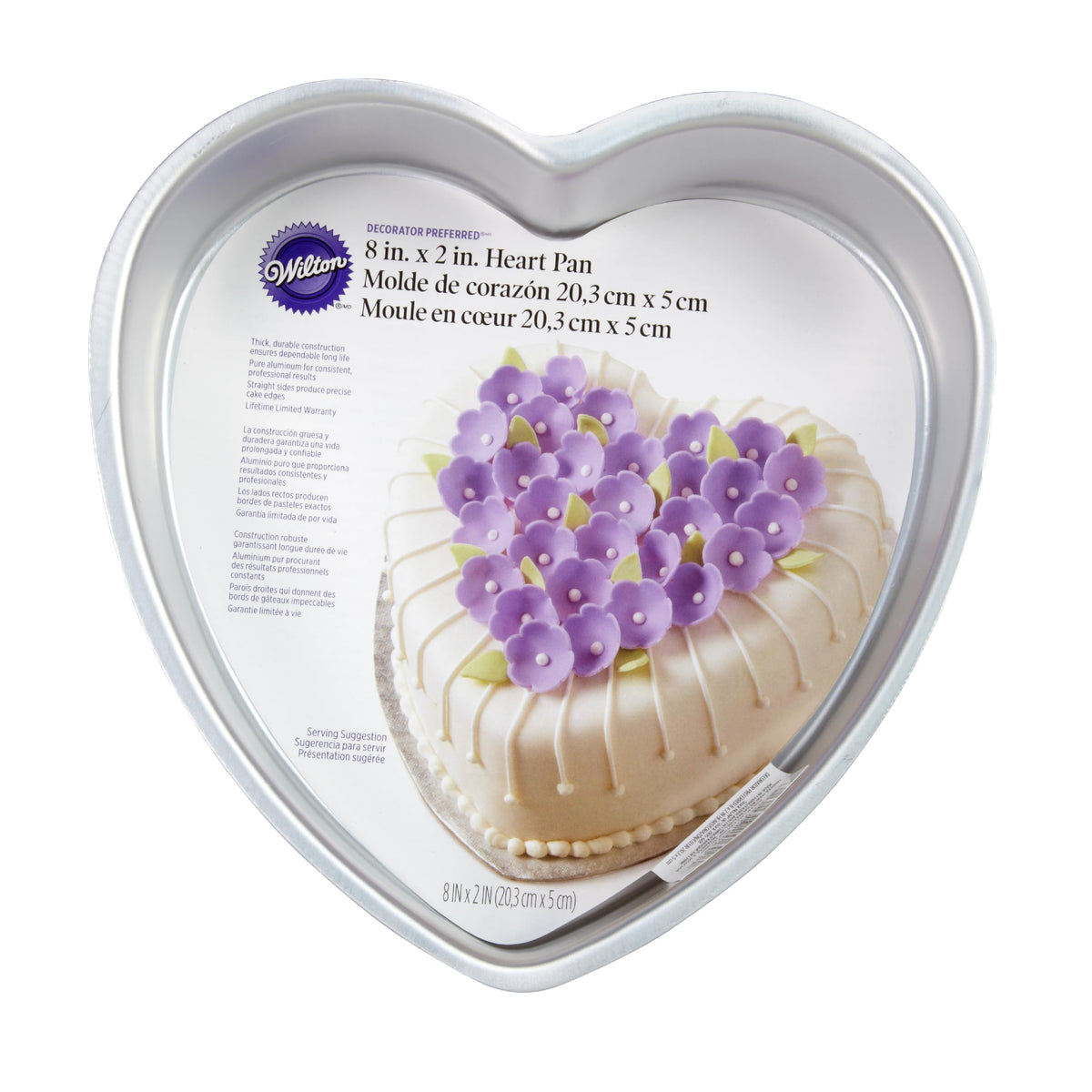 Wilton 8-inch heart-shaped cake pan viewed from top for even heat distribution.