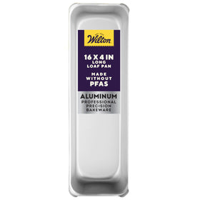 Wilton long loaf pan 16x4 in shows generous capacity for oversized pound cakes