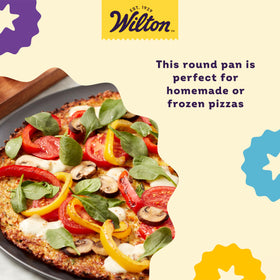 Dishwasher-safe label on Wilton pizza pan, indicating easy cleanup