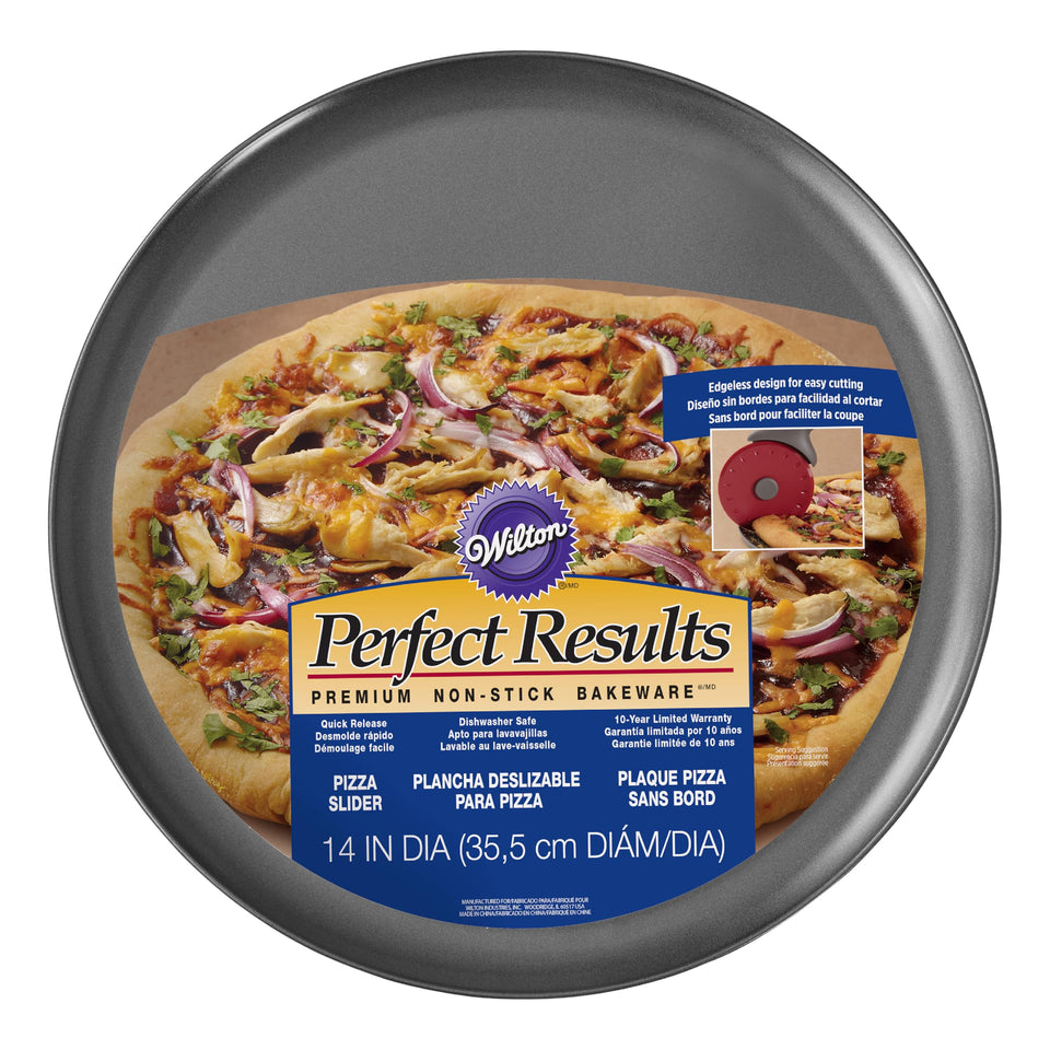 Wilton Perfect Results 14-inch pizza pan showing non-stick surface for easy release