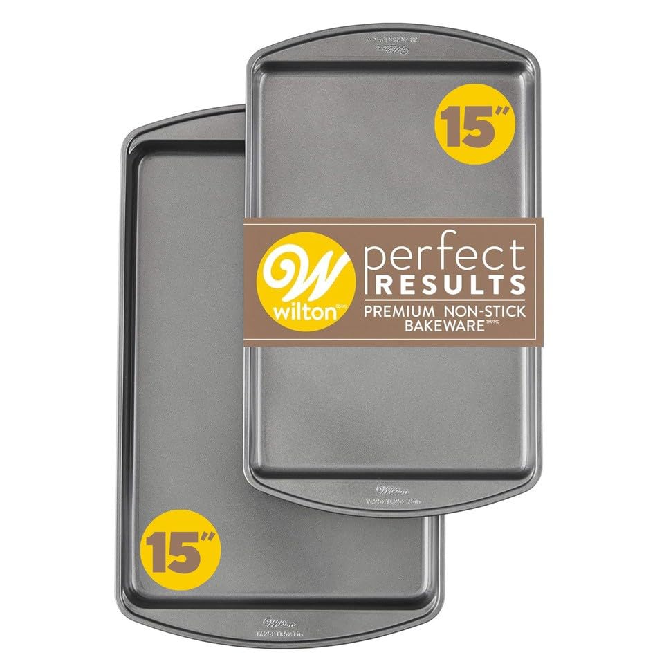 Wilton Perfect Results nonstick sheets with 15.25 x 10.25 inches for easy release.