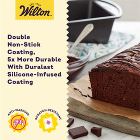 Durable Wilton Platinum bakeware shows anti-warp construction for even heating.